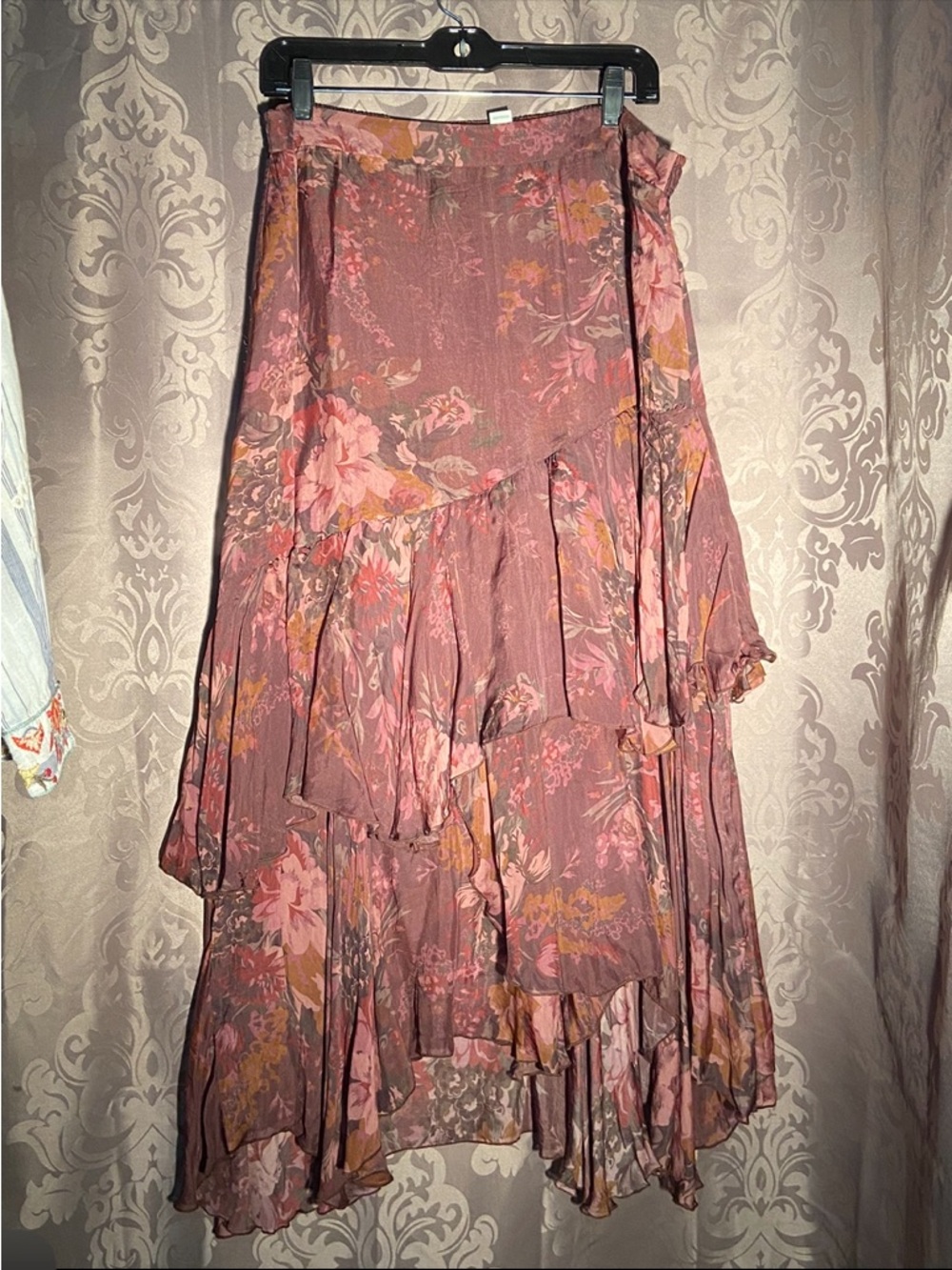 Sundance Dusty Rose Floral High-Low Ruffle Maxi Skirt